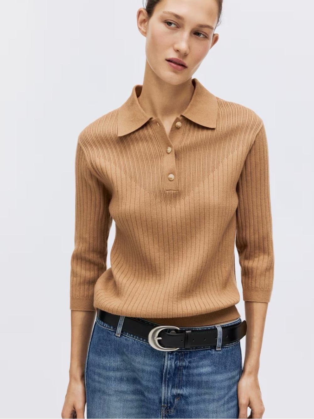 H&M Ribbed Polo Sweater in Camel Brown